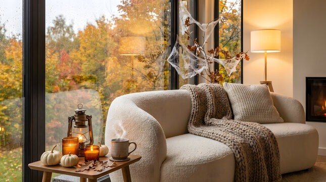 Cozy Halloween rainy autumn living room with boucle sofa, chunky knit blanket, wooden side table with steaming hot drink, white pumpkins, lantern, candles, and rain drops on large window view