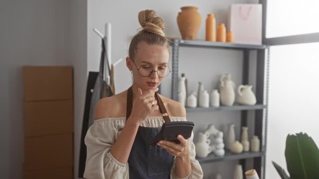 Woman in apron tapping a card reader while finger to chin in pottery studio; contemplation small business.