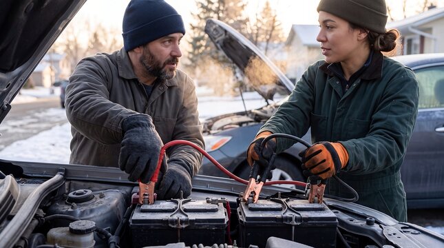 roadside assistance car battery jumpstart volunteer winter driver help repair Woman connects jumper cables to help a stranded man restart his car in winter for kindness safety and service campaigns