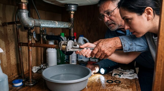 plumbing repair volunteer senior assistance home maintenance help kindness leak woman and man tighten a pipe under a sink representing practical household support shared skills and community care