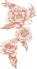 Obraz premium Toile de Jouy is a monochrome bouquet of isolated garden plants (peonies and roses) in a classic French style. This line illustration is perfect for wedding designs, branding, and covers.