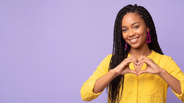 woman heart gesture black smiling love yellow shirt background copyspace A cheerful adult forms a heart with both hands for affection appreciation wellness and positive relationship campaigns