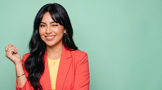 winking woman portrait copyspace mint background playful smiling blazer advertising brunette in a coral blazer gives a cheeky wink for beauty fashion promotion and cheerful brand messaging