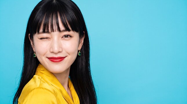 winking asian woman portrait copyspace blue background playful yellow advertising young east asian woman with black bangs gives a cheeky wink for beauty fashion youth promotion and social media