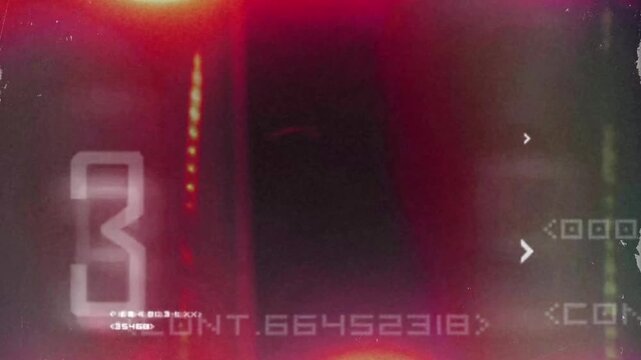 Retro Futuristic Film Burn Overlay with Glitchy Digital Numbers and Red Halation Effect.