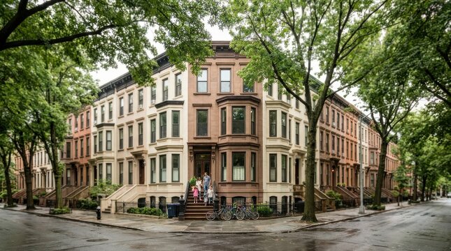 Urban Family Living: Urban townhouse lined along a tree-lined avenue 