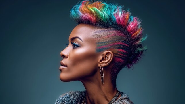 Woman with vibrant rainbow mohawk hairstyle and bold makeup, profile view, studio lighting
