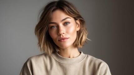 Fototapeta premium Portrait of a young woman with striking blue eyes and a subtle smile, looking directly at the camera