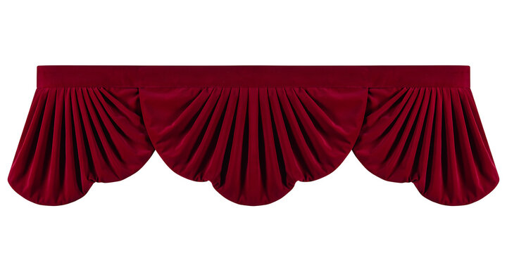 Elegant red velvet valance with pleated drapes for window decoration and luxurious interior design accents.