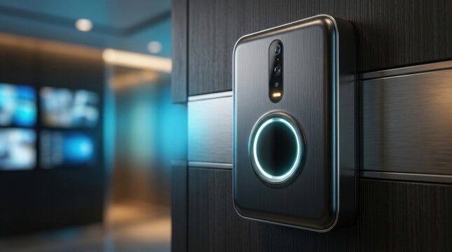 Modern access control reader with glowing ring on office wall, technology.