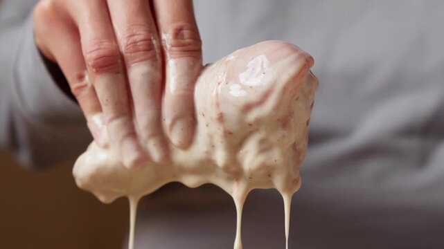 Hand coating raw chicken drumstick in seasoned wet batter for crispy fried chicken