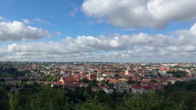 Wide Panoramic View Over Vilnius Old Town Under Summer Clouds