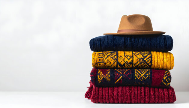 Stack of Colorful Knitted Sweaters with Hat on Top