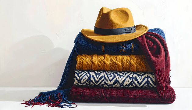 Stack of Warm Cozy Sweaters with Hat for Winter