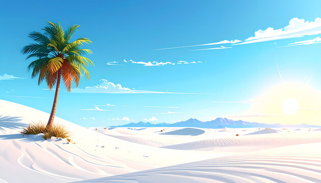 Scenic Desert Landscape with Palm Tree and Bright Sunlight