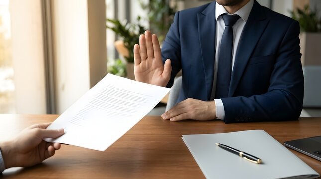 Businessman in a suit rejecting a document with a stop hand gesture sitting at a wooden desk in an office.