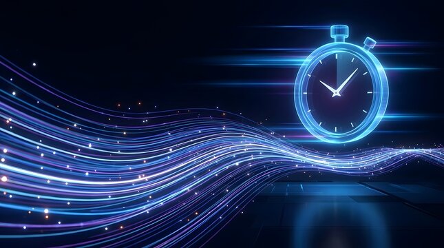 Modern glowing blue clock hovering over a dark reflective digital grid with fast data light trails representing future technology.