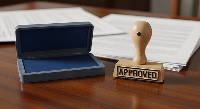 Approved rubber stamp on documents Official authorization seal marking business contract or product certification.