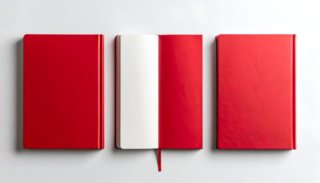 Open red notebook with blank pages on white background