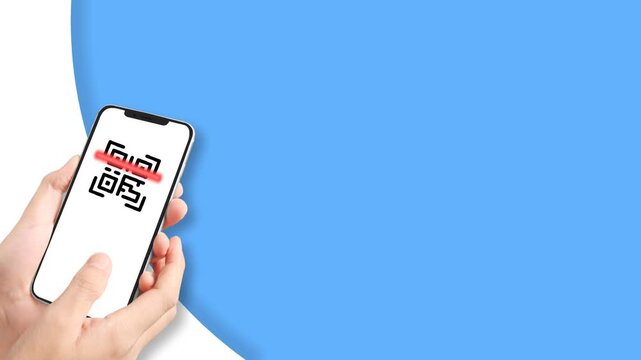 Hands holding smartphone scanning QR code on screen with blue background.
