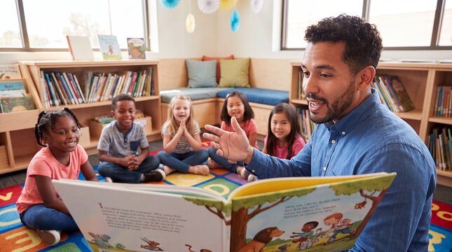 storytime teacher children reading book classroom learning library education group A male educator reads a large story book to children seated on a rug for early literacy imagination and campaigns