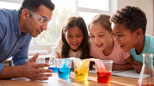 science experiment children liquids colors teacher classroom chemistry learning curiosity students observe bright fluids in clear cups with an instructor exploring color mixing reactions and curiosity
