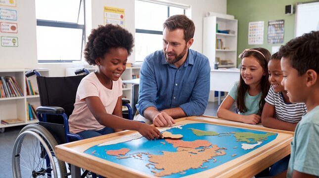 inclusive geography wheelchair student teacher classroom map children accessibility learning girl joins classmates around a world map puzzle promoting participation cultural awareness and belonging