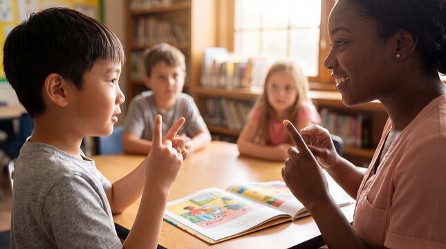 signlanguage teacher child classroom communication inclusion learning deaf accessibility hands instructor teaches a boy hand signs while classmates observe building communication and confidence