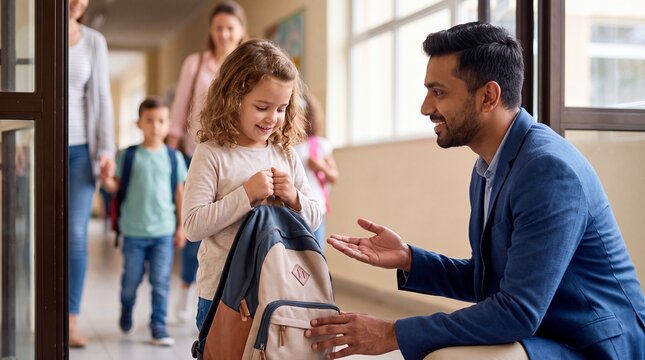 teacher girl backpack greeting classroom school welcome child kindness support male educator kneels at the doorway to welcome a smiling pupil creating safety trust and a positive school morning