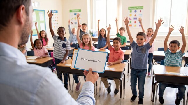 math quiz classroom children teacher tablet primenumbers technology learning competition students raise hands for a prime number challenge promoting quick reasoning engagement and classroom assessment