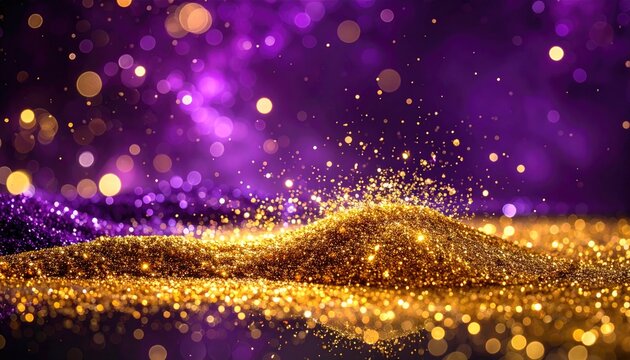 Glittering gold dust forming hills, against a purple, bokeh-lit background creates a magical, fantastical atmosphere