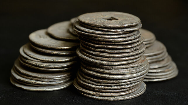Ancient metal coins stacked on a dark surface, symbolizing wealth and history