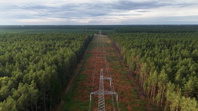 Drone video captures a high-voltage transmission line cutting through lush forest beneath a dramatic cloudy sky. Wide-angle aerial footage highlights the geometric structure and vibrant foliage.