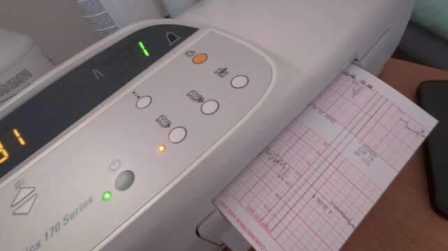 Detailed close-up shot of an electrocardiograph (ECG) machine actively printing heart monitor data, showing indicator lights, control buttons, and printed ECG chart under soft clinical lighting.