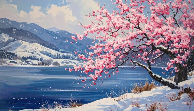 Anime scenery of cherry blossoms, lake, snow-capped mountains, and a snowy foreground against a sky and water backdrop