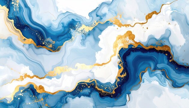 Abstract Blues and golds intermix as liquids collide. Fluid art with marbled effect, giving dreamy and ethereal quality