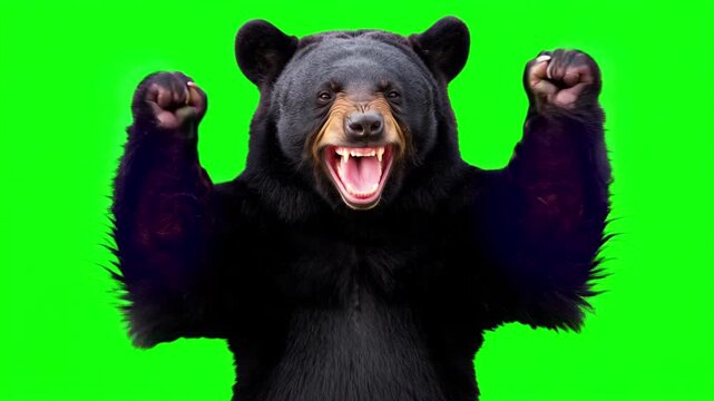 Realistic black bear raising hands and cheering joyfully, victorious business success and winning celebration concept isolated on chroma key green screen background. 3D.