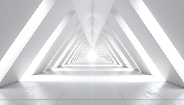 Bright white triangular tunnel interior, receding to a distant light source; glossy tiled floor reflects some light