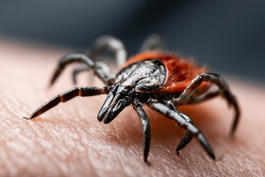 Parasitic tick crawling over human skin close up