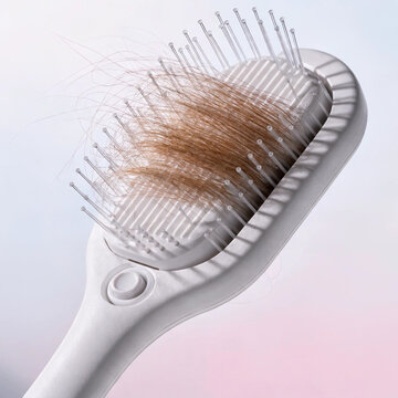 Self-Cleaning White Hair Brush with Trapped Brown Hair and Button Mechanism