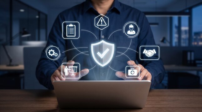 Business professional managing corporate compliance and safety standards using virtual interface shield icon during work in modern office with laptop computer.