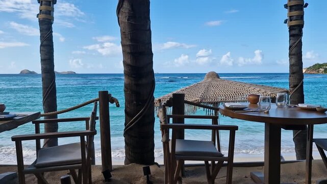 Saint Barthelemy Island, Beachfront Restaurant Tables and Chairs Above Beach and Caribbean Sea