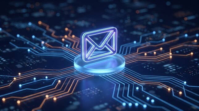 Email icon glowing with neon light on digital circuit board platform representing global communication internet connectivity and high speed data transmission systems.