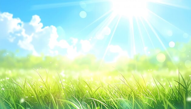 Sunlit meadow scene with bright sky, green grass, and bokeh highlights, evoking a sense of peace