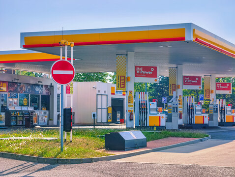 Prague, Czech Republic &ndash; August 4, 2026: Modern Shell fuel station with V-Power fuel pumps, BILLA convenience store and car wash services supporting everyday transportation and roadside mobility.