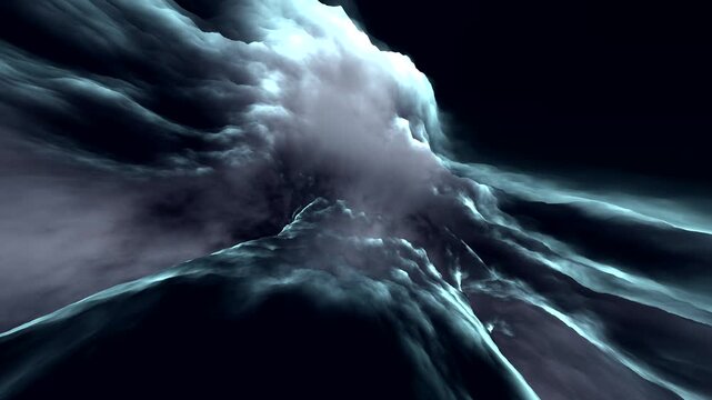 A dramatic abstract animation showing rolling dark storm clouds highlighted with glowing teal and blue rim lighting effects.