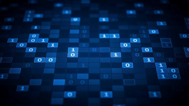 Abstract blue digital binary code background. Representing data, technology and computer science. Pixelated effect with a bokeh glow