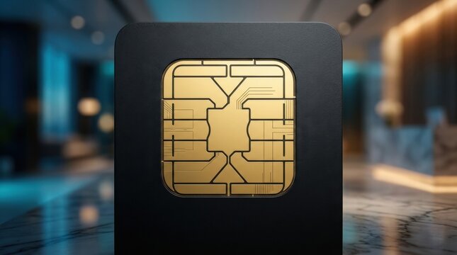 Close up of a sim card with gold contacts on black background.