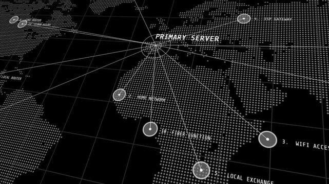 A 3D motion graphics world map tracking international server network junctions, data center hubs, and global fiber optic communication pathways.