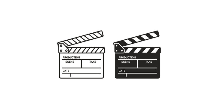 Two clapper boards, one outlined and one solid silhouette, for film production and cinema, movie making equipment icons on transparent background, Hollywood industry tools for directors and editors.